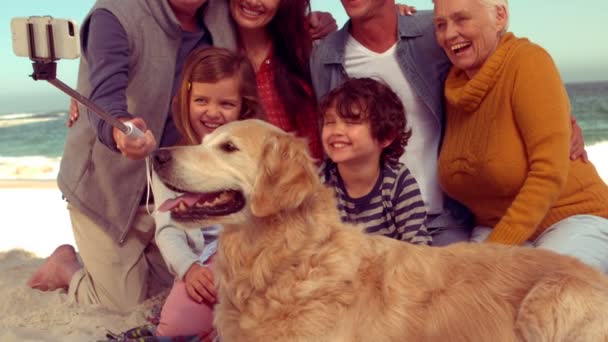 Happy extended family smiling with dog — Stock Video