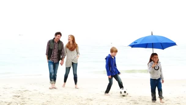 Familia caminando por la playa — Vídeos de Stock