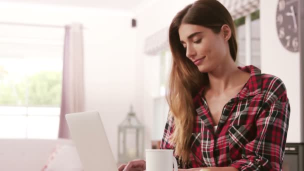 Mujer usando el ordenador portátil mientras bebe café — Vídeos de Stock