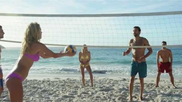 Amigos jugando voleibol playa — Vídeo de stock