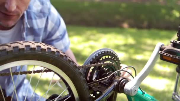 Padre e hijo reparando una bicicleta — Vídeo de stock