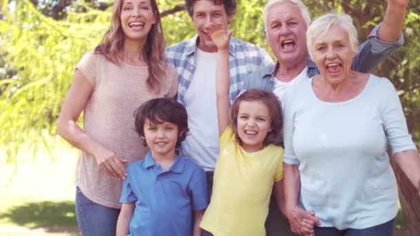 Familia feliz levantando brazos juntos — Vídeos de Stock