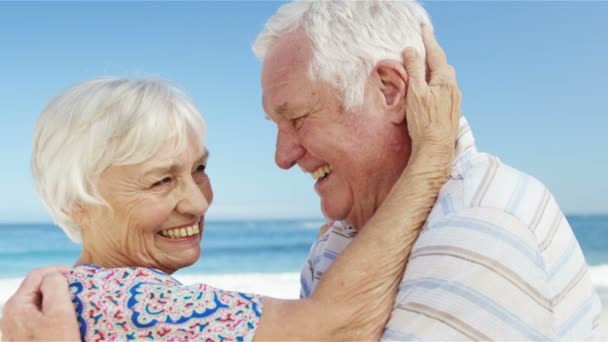Idősebb pár, átölelve a strandon — Stock videók