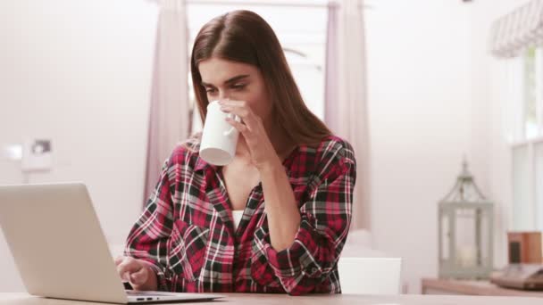 Žena pomocí notebooku při pití kávy — Stock video
