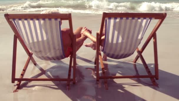 Peaceful senior couple holding hands in beach chair — Stock Video