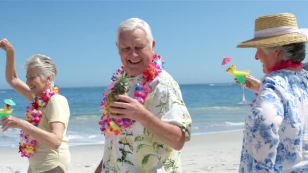 Üst düzey arkadaş sahilde dans — Stok video