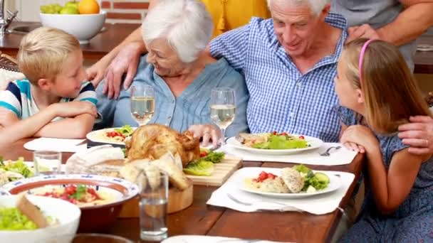 Utvidgade familjen på middag poserar — Stockvideo