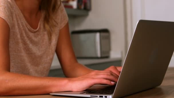 Pretty woman using laptop in the kitchen — Stock Video