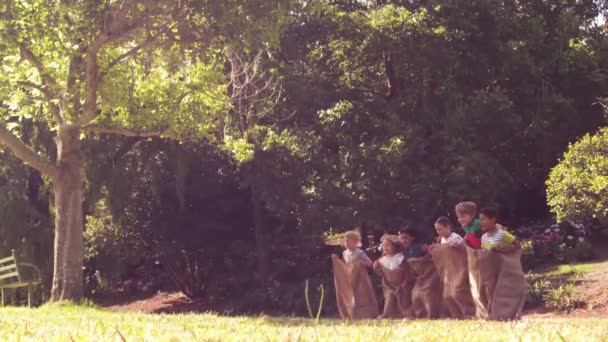 Niños haciendo una carrera de sacos en el parque — Vídeo de stock