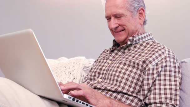 Handsome mature man using laptop on the couch — Stock Video