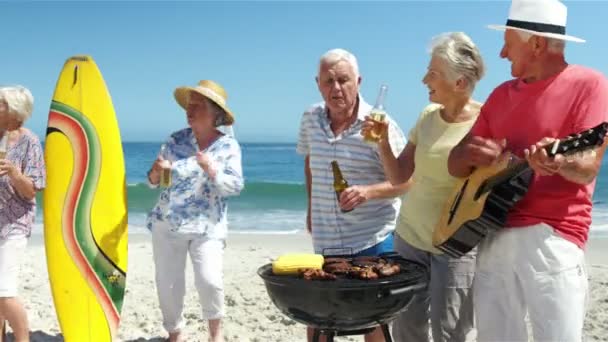 Amis seniors faisant un barbecue — Video