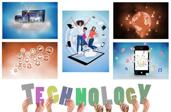 Collage of technology devices and people — Stock Photo, Image