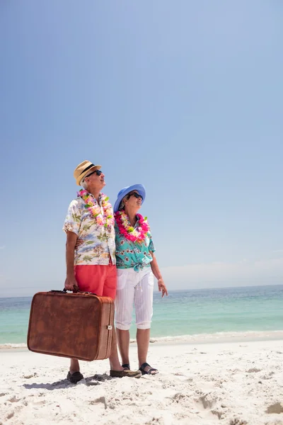 Pareja de ancianos en la playa con la maleta — Foto de Stock