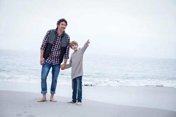 아들이 아버지와 함께 서 있는 동안 가리키는 — 스톡 사진