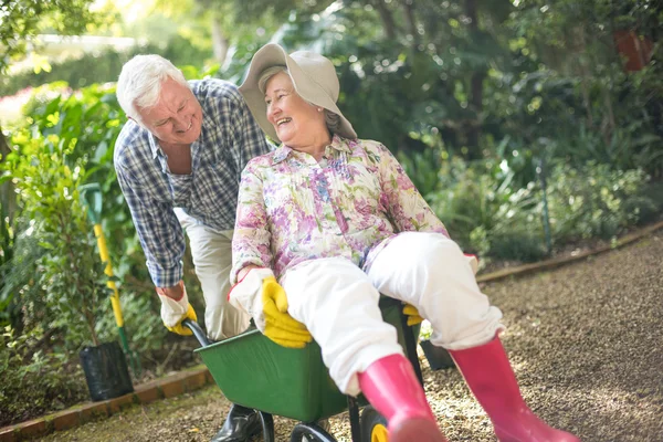 Senior zit op de kruiwagen — Stockfoto