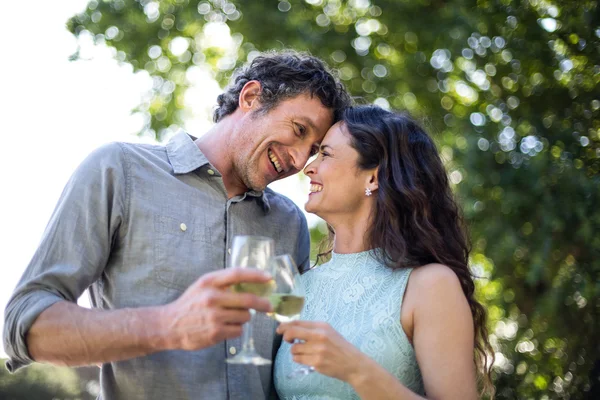 Couple enjoying wine in lawn — Stock Photo, Image