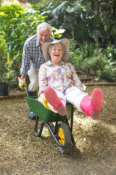 Feliz casal sênior brincando com carrinho de mão — Fotografia de Stock