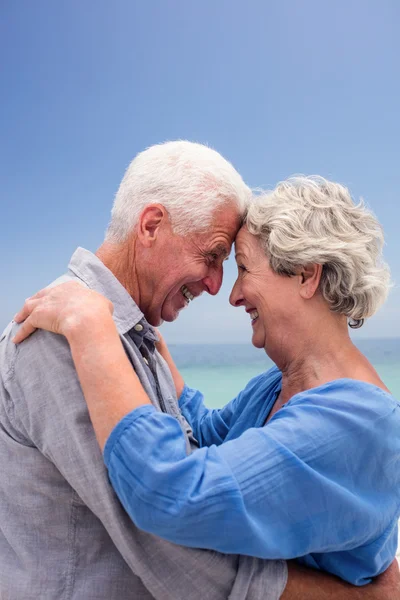 Äldre par embracing stranden — Stockfoto