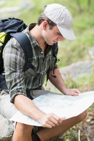 Mann liest Landkarte im Wald — Stockfoto