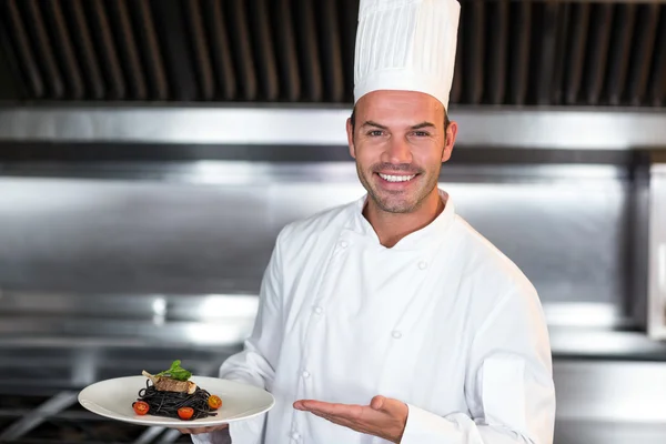 Chef holding plate in commercial kitchen Stock Picture