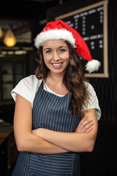 Barista wearing santa hat — Stock Photo, Image