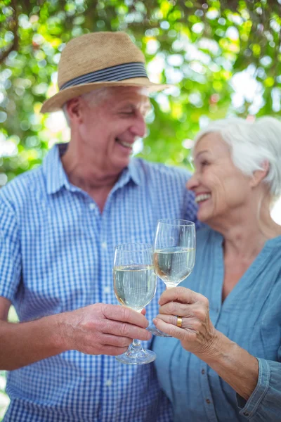 Glückliches Paar prostet Weißwein zu — Stockfoto