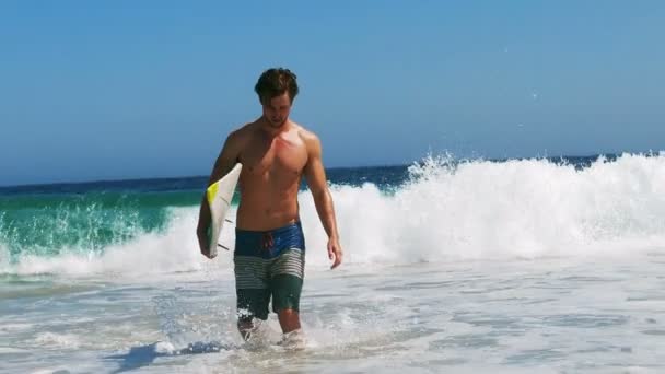 Man får ut av vatten med surfbräda — Stockvideo