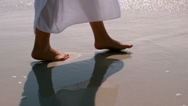 Vrouw lopen op het natte zand — Stockvideo