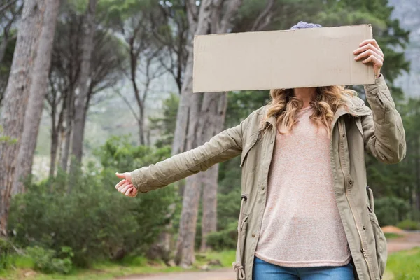 Hitch senderismo mujer sosteniendo cartón —  Fotos de Stock