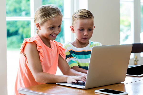 Broers en zussen met behulp van laptop thuis — Stockfoto
