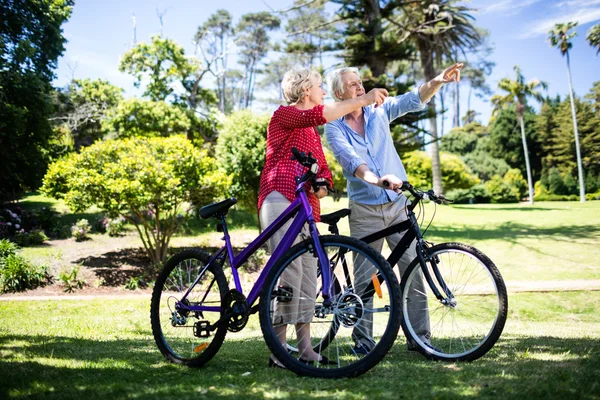 自転車で年配のカップルの立っています。 — ストック写真