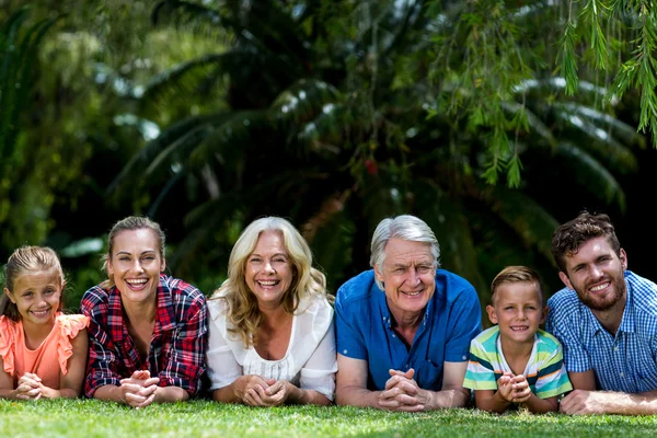 Familjen ligger på gräset på gården — Stockfoto