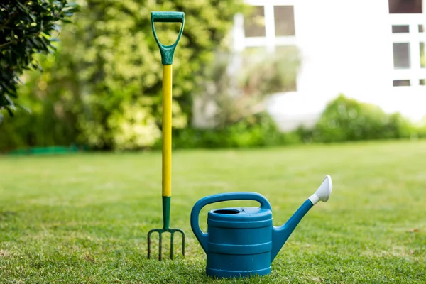 Rastrello e annaffiatoio in cortile — Foto Stock