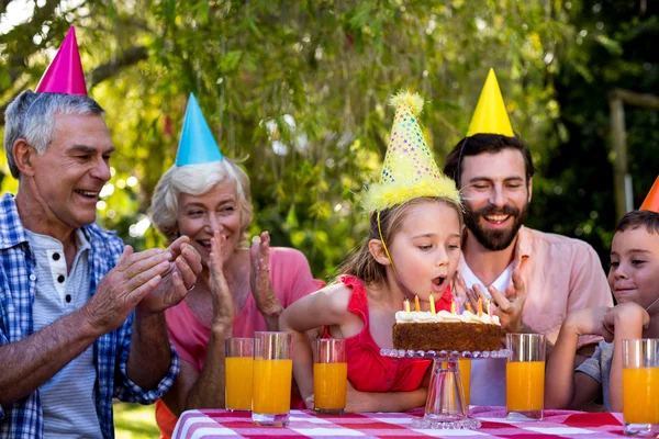 Family celebrating birthday in yard — Stock Photo, Image