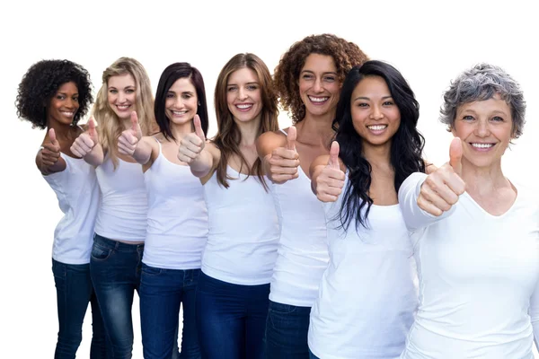 Women standing in line and showing thumbs up — Stock Photo, Image
