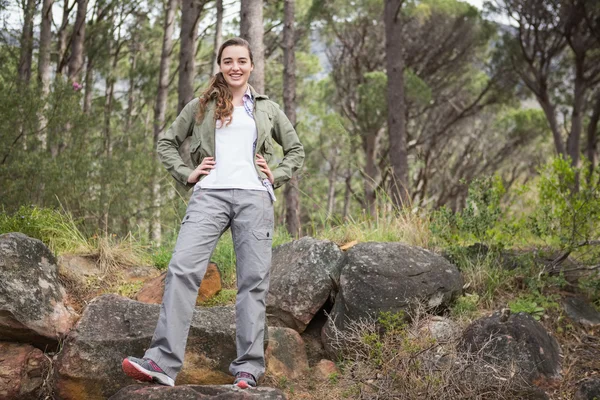 Frau mit Händen auf Hüften im Wald — Stockfoto