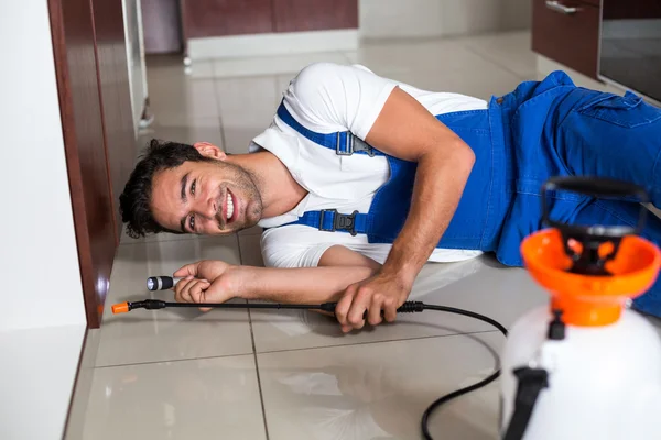 Hombre usando la antorcha mientras pulveriza insecticida — Foto de Stock