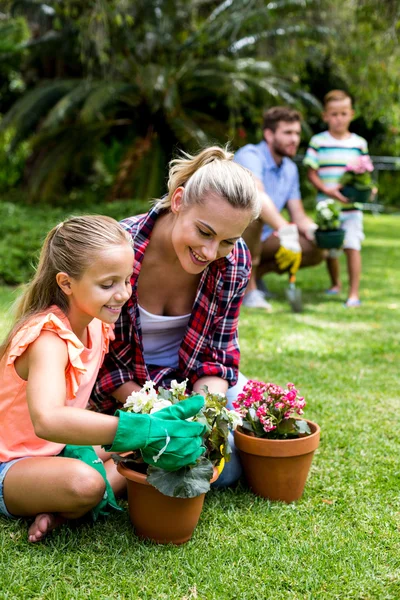 Mamma med dotter håller blomkrukor — Stockfoto