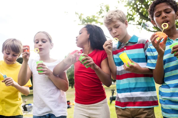 Kinderen waait bubbels toverstaf in het park — Stockfoto