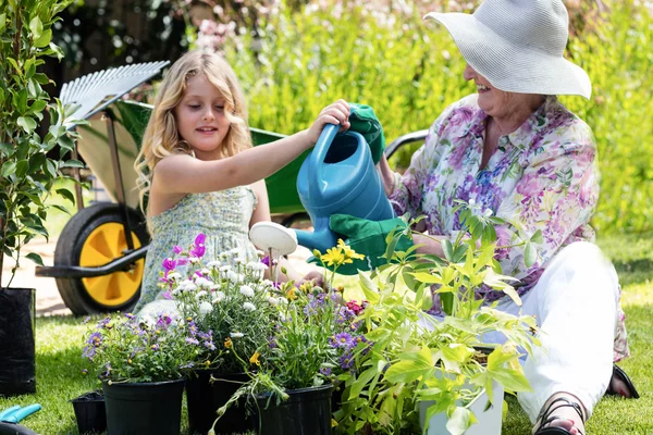 Бабушка и внучка поливают растения — стоковое фото