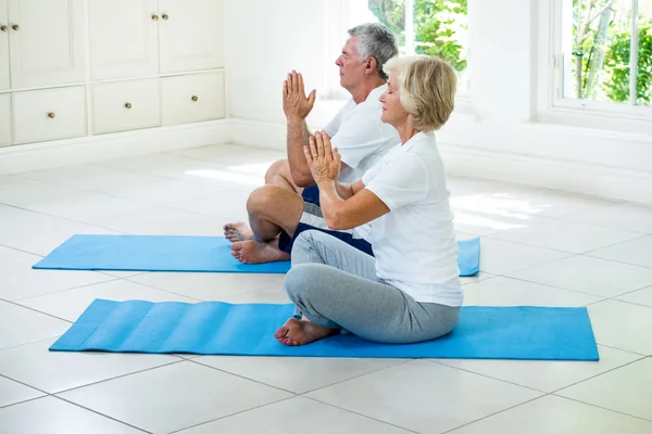 Casal sênior meditando em tapetes de exercício — Fotografia de Stock