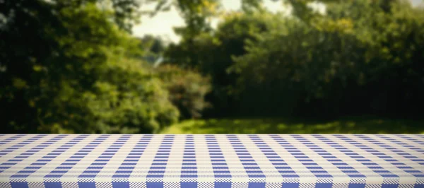 blue and white tablecloth against field