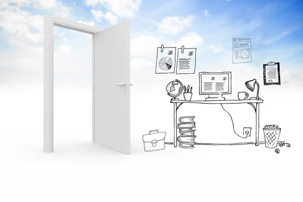 Doodle office in clouds with door — Stock Photo, Image