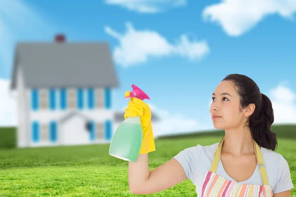 Молодая женщина распыляет чистильщик — стоковое фото