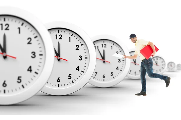 Delivery man with red box running — Stock Photo, Image