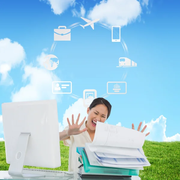 Businesswoman shouting with stack of folders — Stock Photo, Image