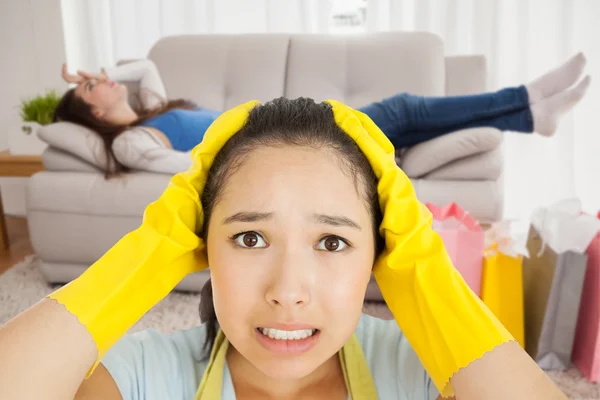 Imagem composta de mulher estressada — Fotografia de Stock