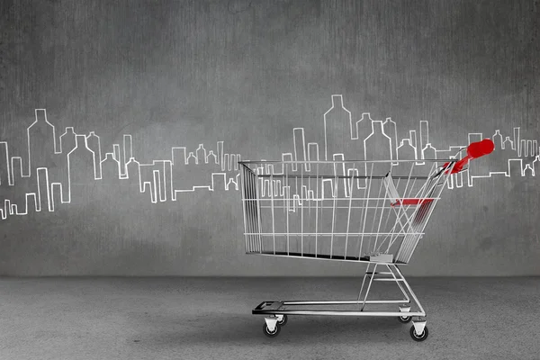 Shopping cart against hand drawn city — Stock Photo, Image