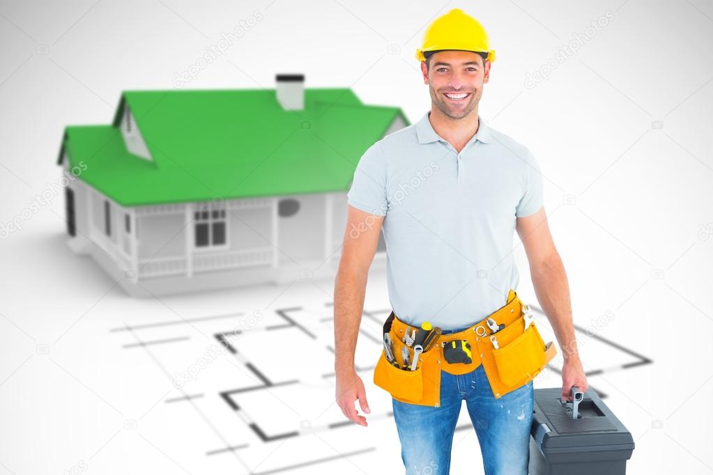 A handyman with a construction hat and toolbox standing infront of a cartoon house