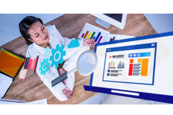 Businesswoman doing yoga sitting on floor — Stock Photo, Image